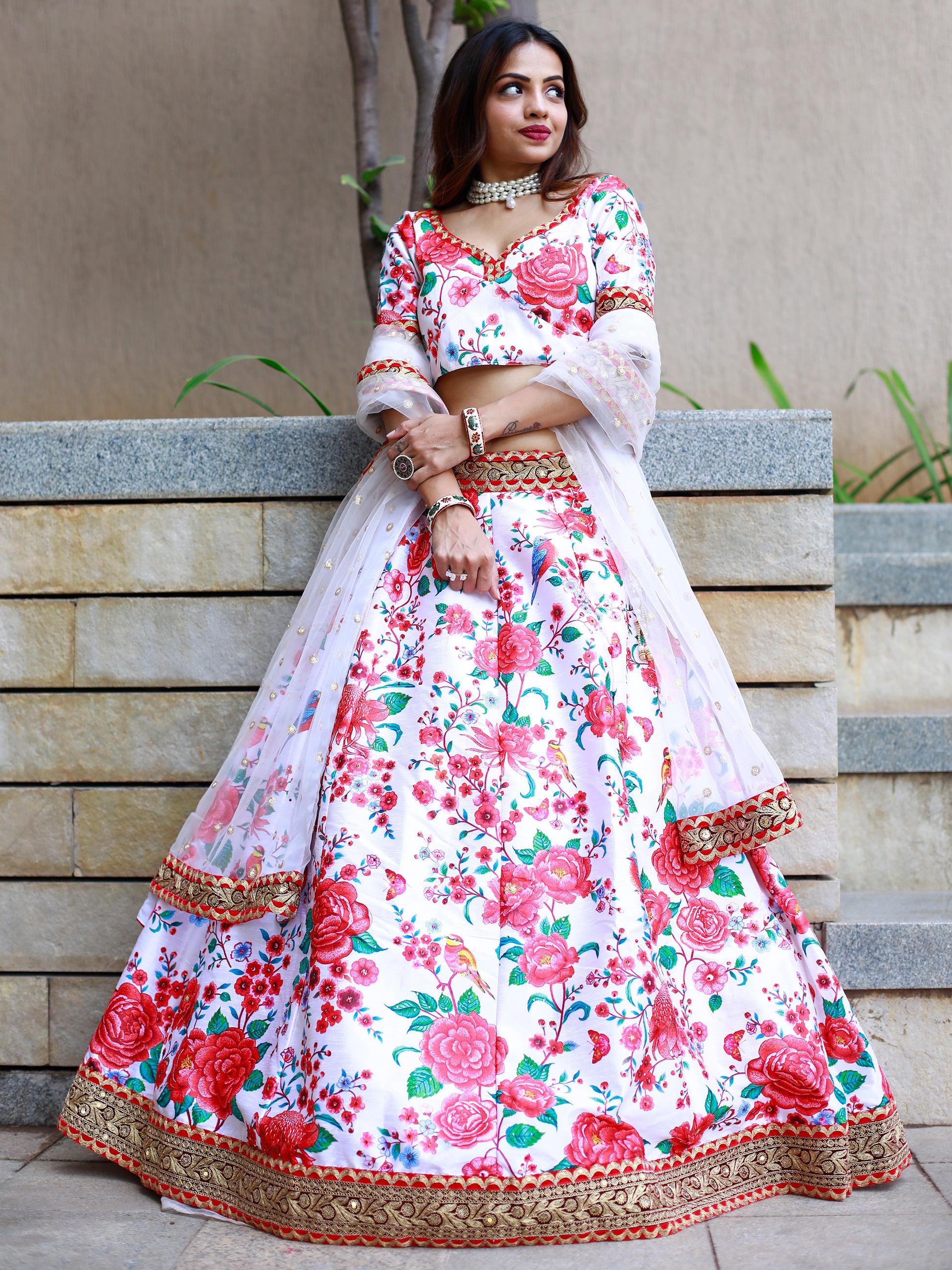 Mesmerizing Off White Floral Printed Art Silk Sangeet Wear Lehenga Choli