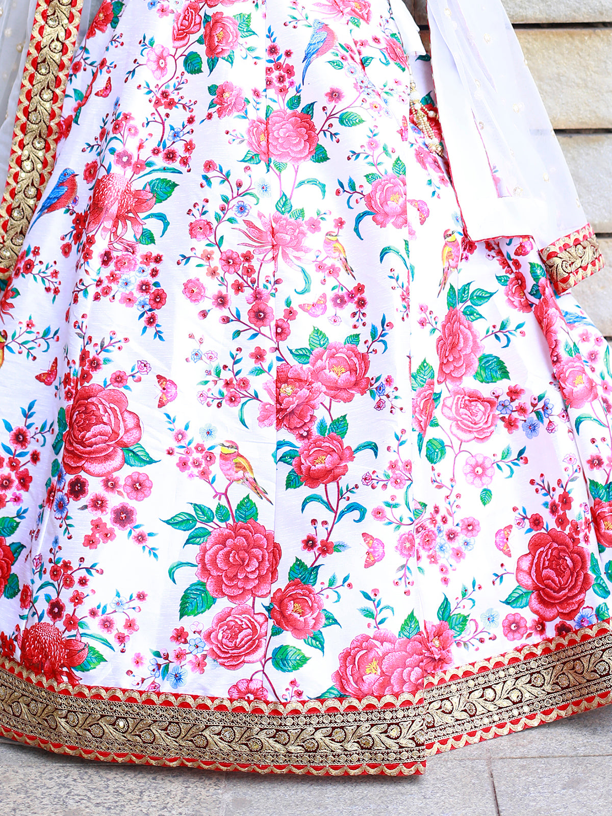 Mesmerizing Off White Floral Printed Art Silk Sangeet Wear Lehenga Choli