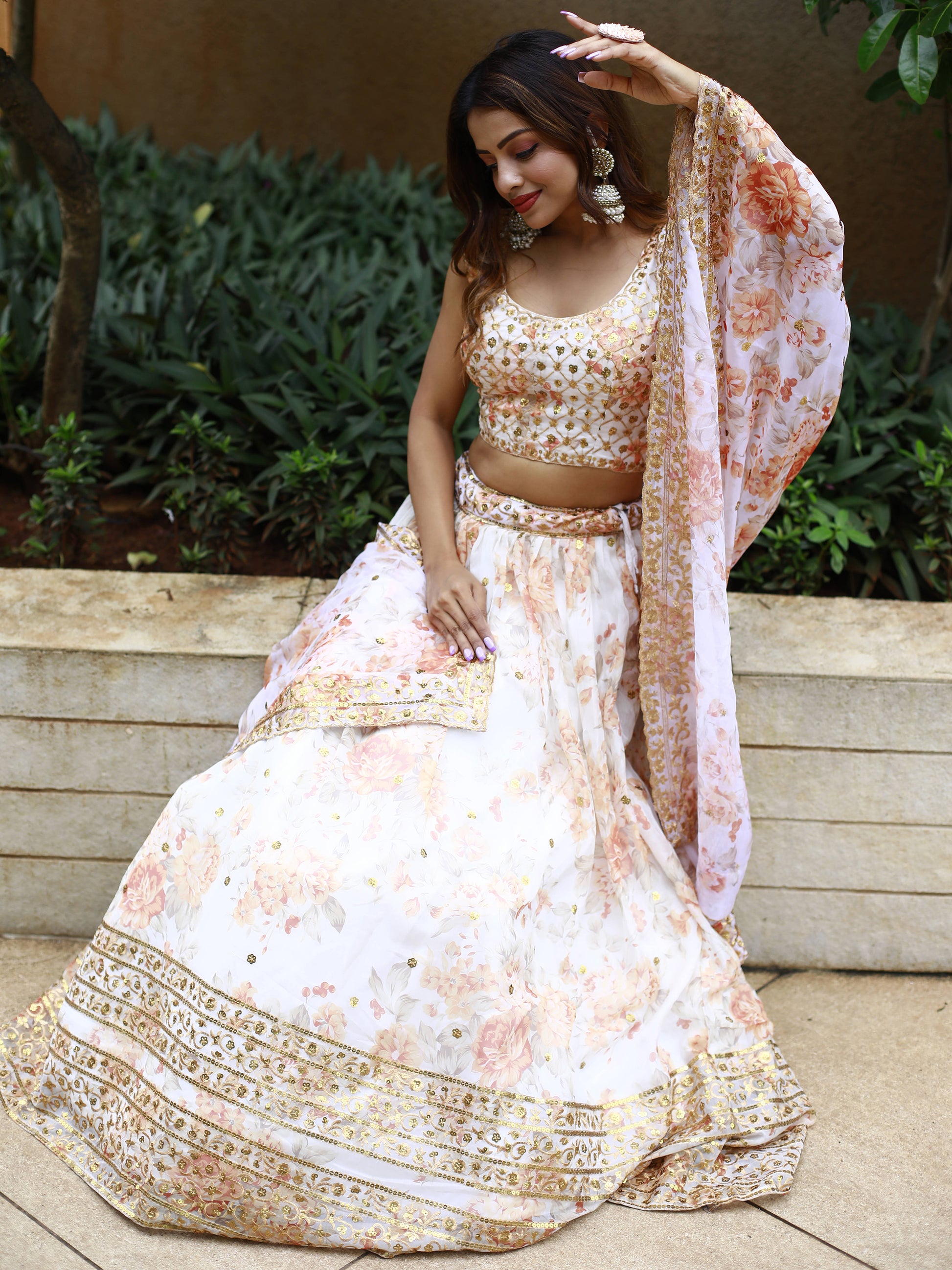 Alluring White Floral Printed Organza Lehenga Choli With Dupatta
