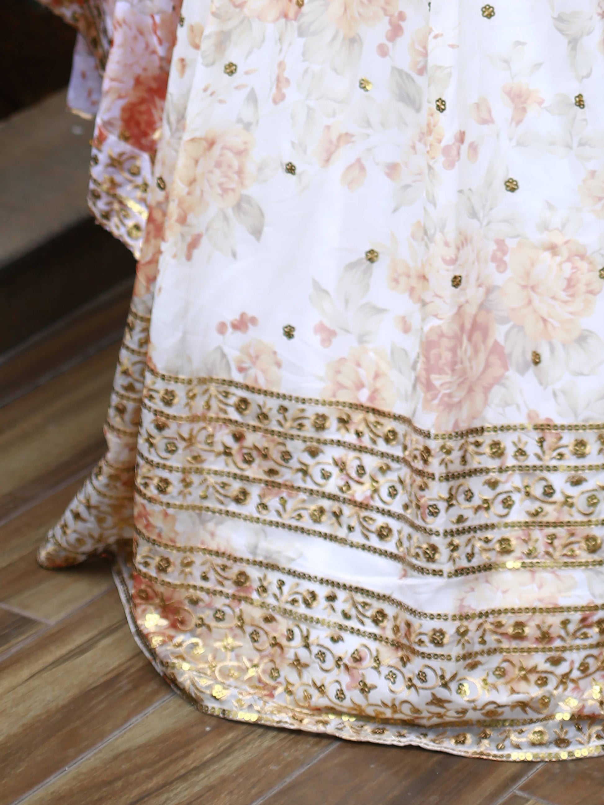 Alluring White Floral Printed Organza Lehenga Choli With Dupatta
