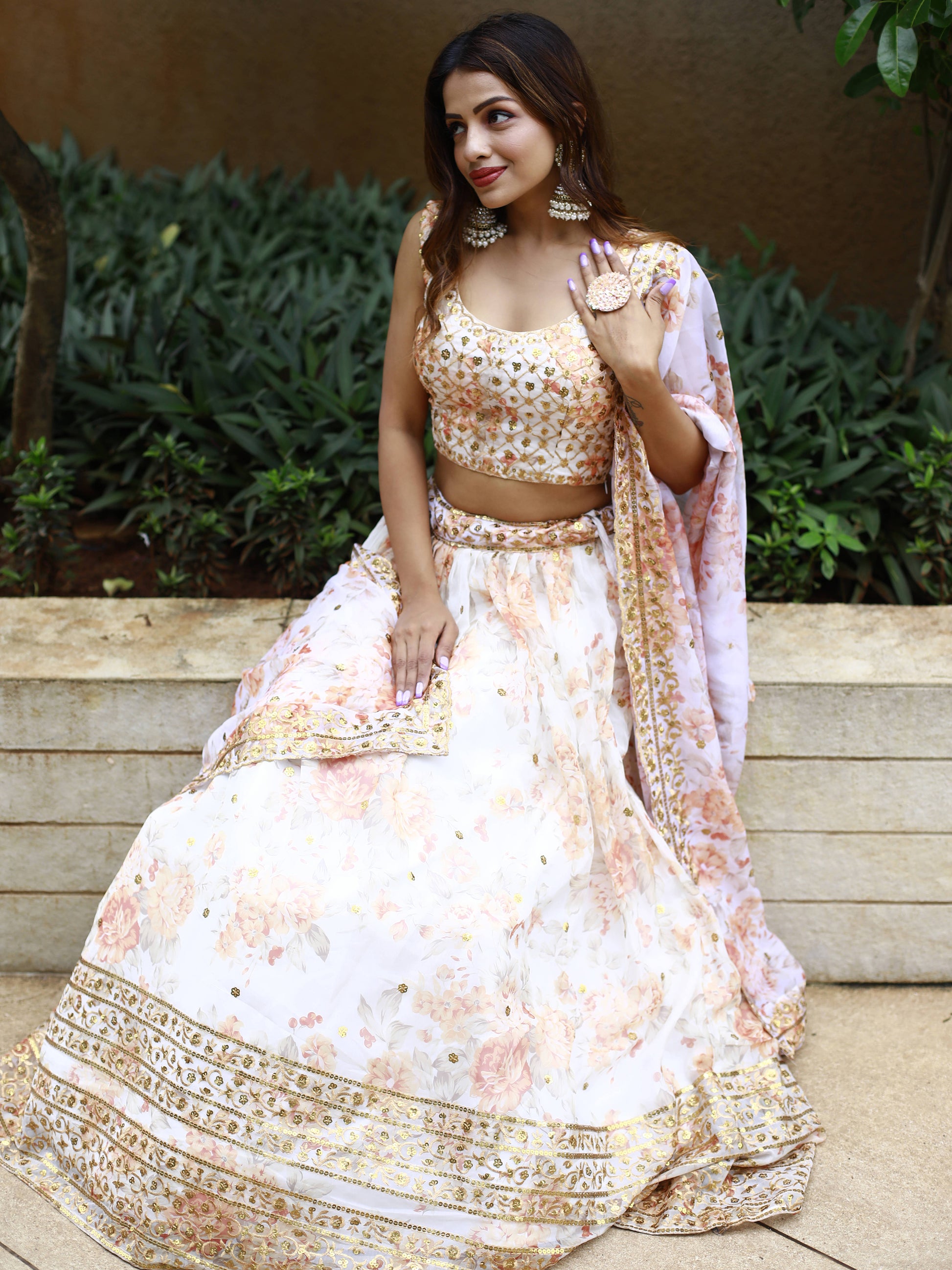 Alluring White Floral Printed Organza Lehenga Choli With Dupatta