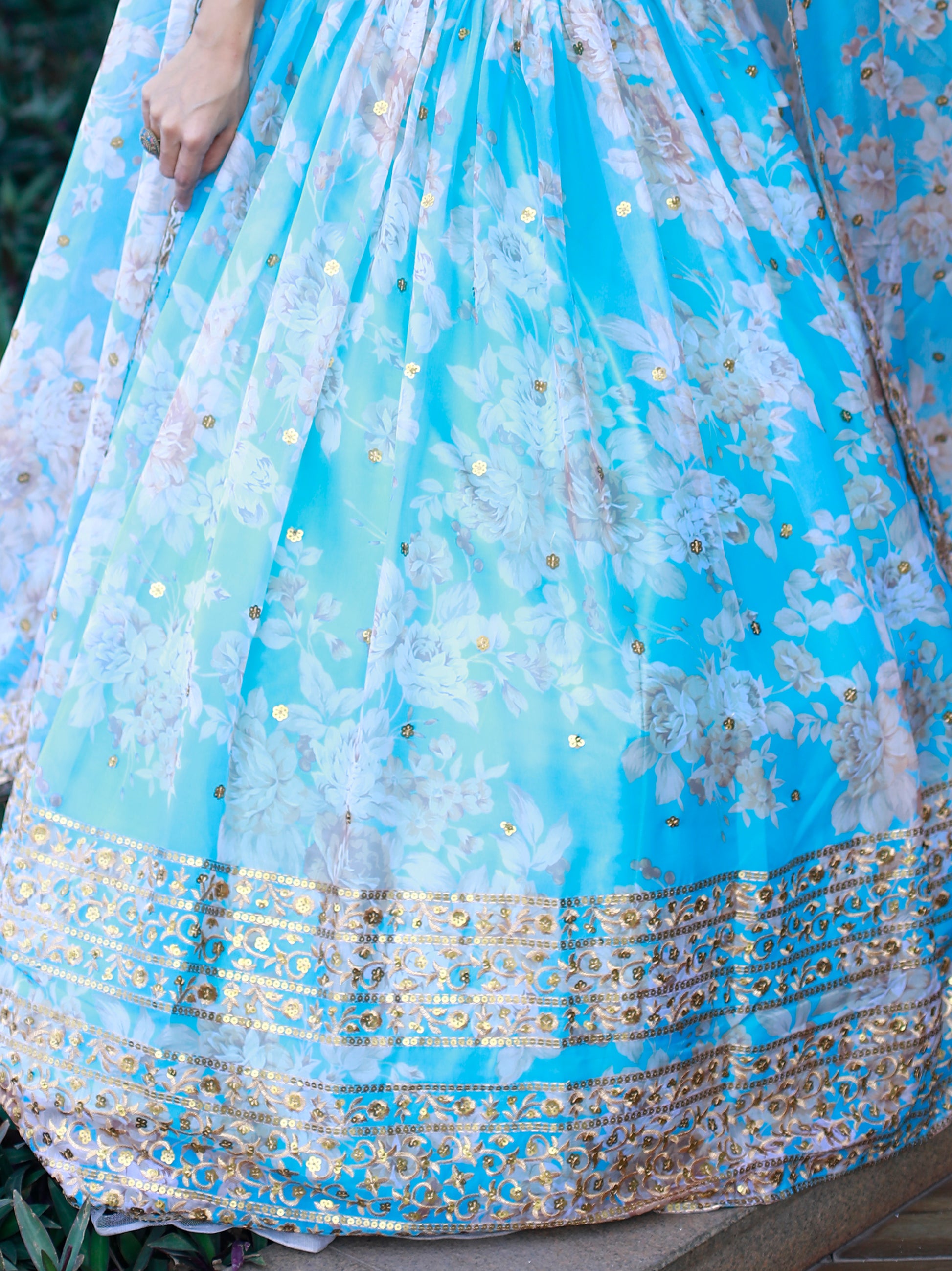 Lovely Sky Blue Floral Printed Organza Engagement Wear Lehenga Choli