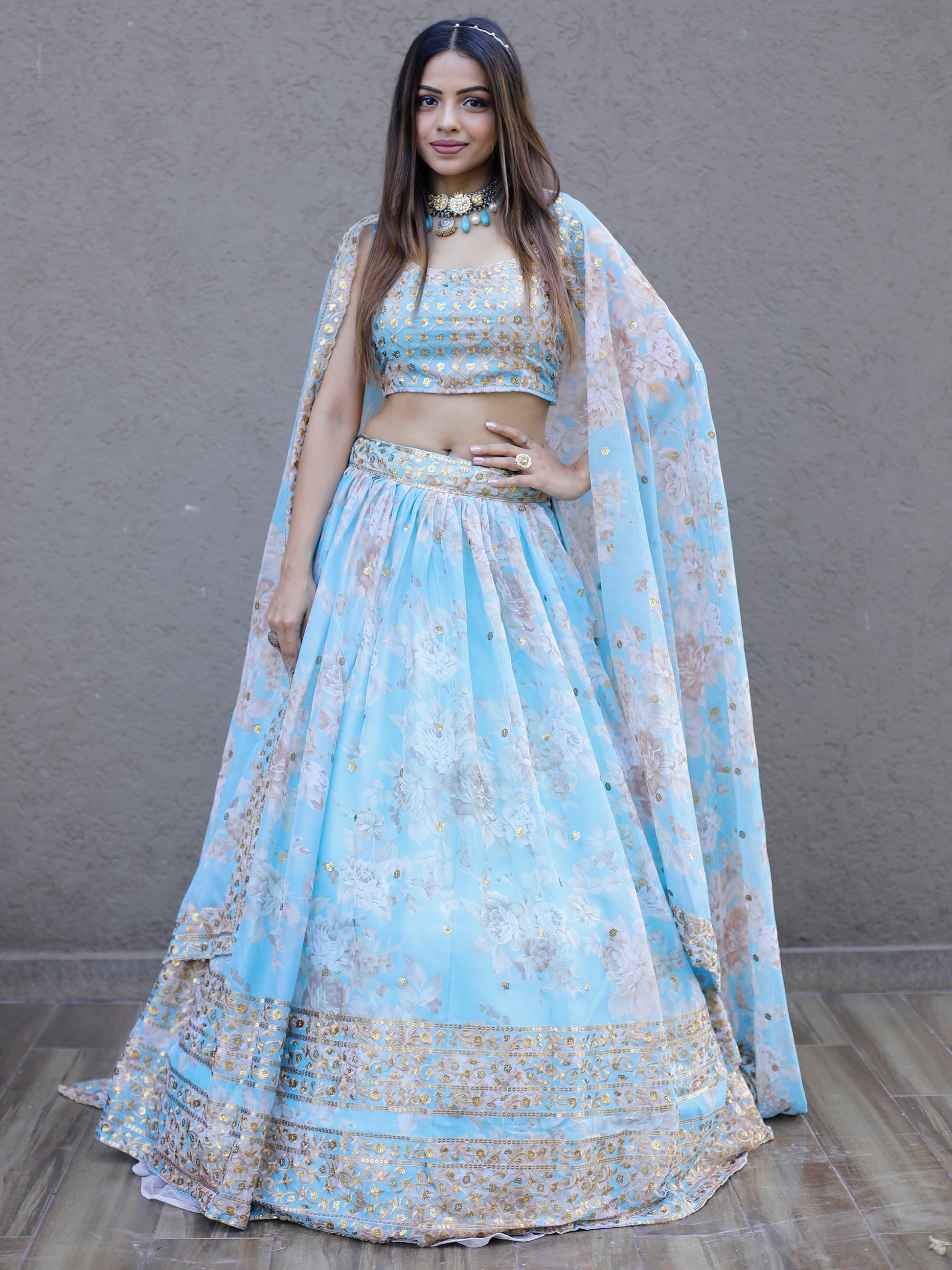 Lovely Sky Blue Floral Printed Organza Engagement Wear Lehenga Choli