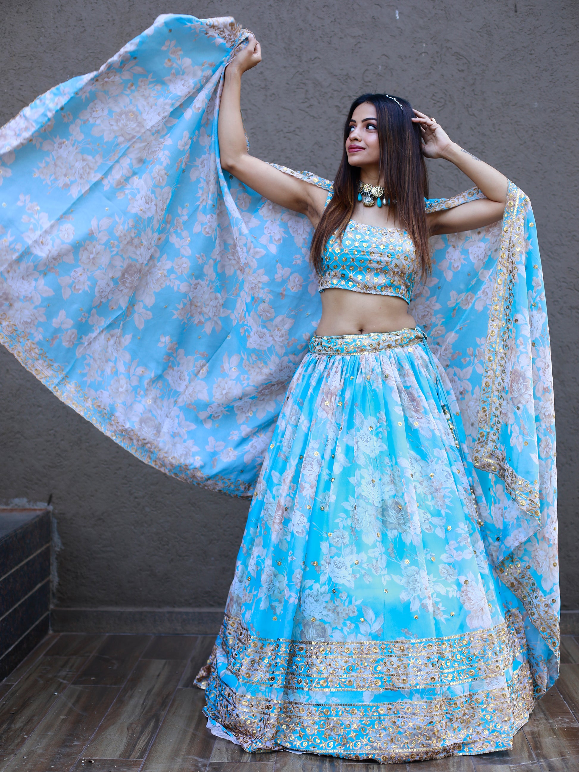 Lovely Sky Blue Floral Printed Organza Engagement Wear Lehenga Choli