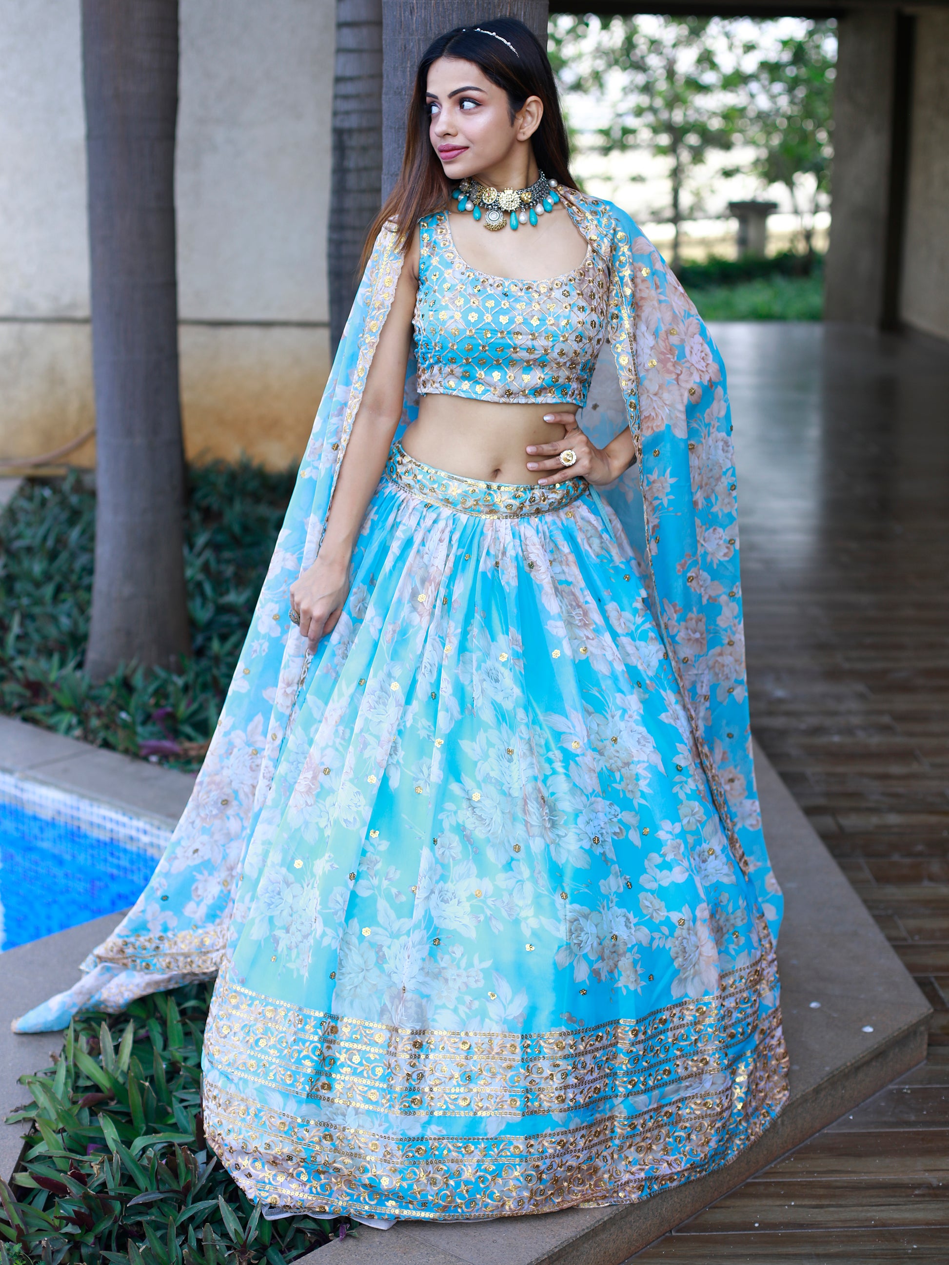 Lovely Sky Blue Floral Printed Organza Engagement Wear Lehenga Choli