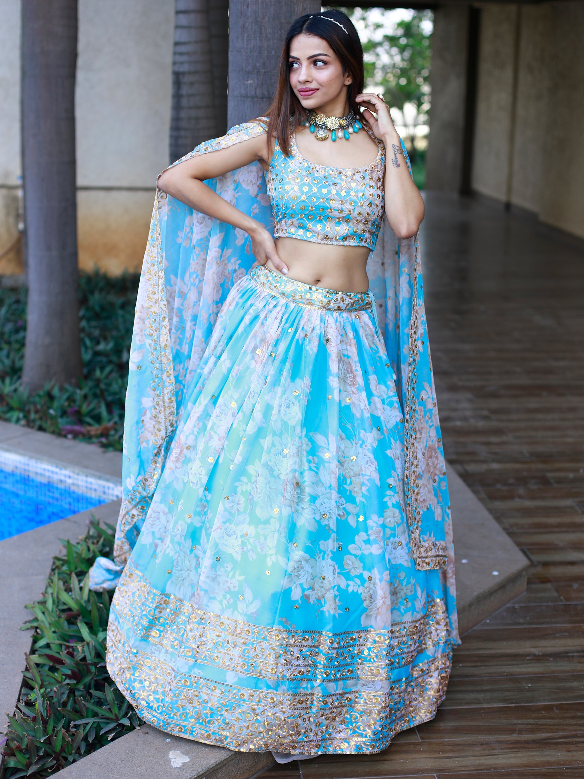 Lovely Sky Blue Floral Printed Organza Engagement Wear Lehenga Choli