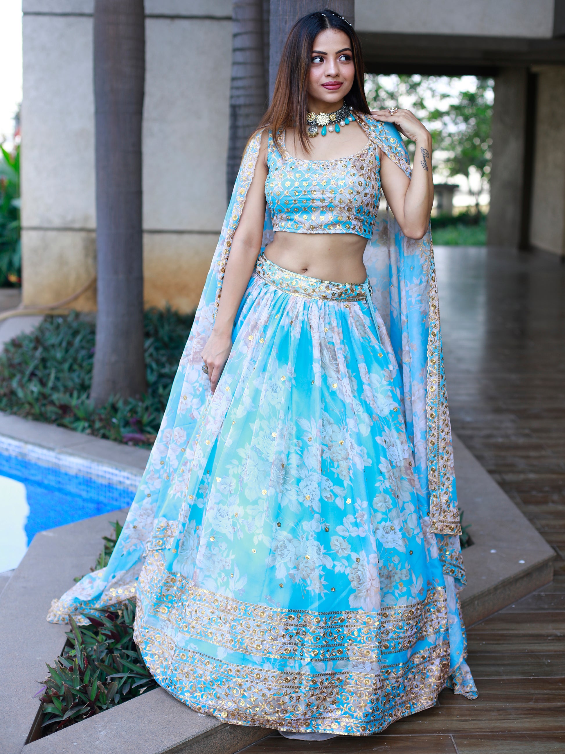 Lovely Sky Blue Floral Printed Organza Engagement Wear Lehenga Choli