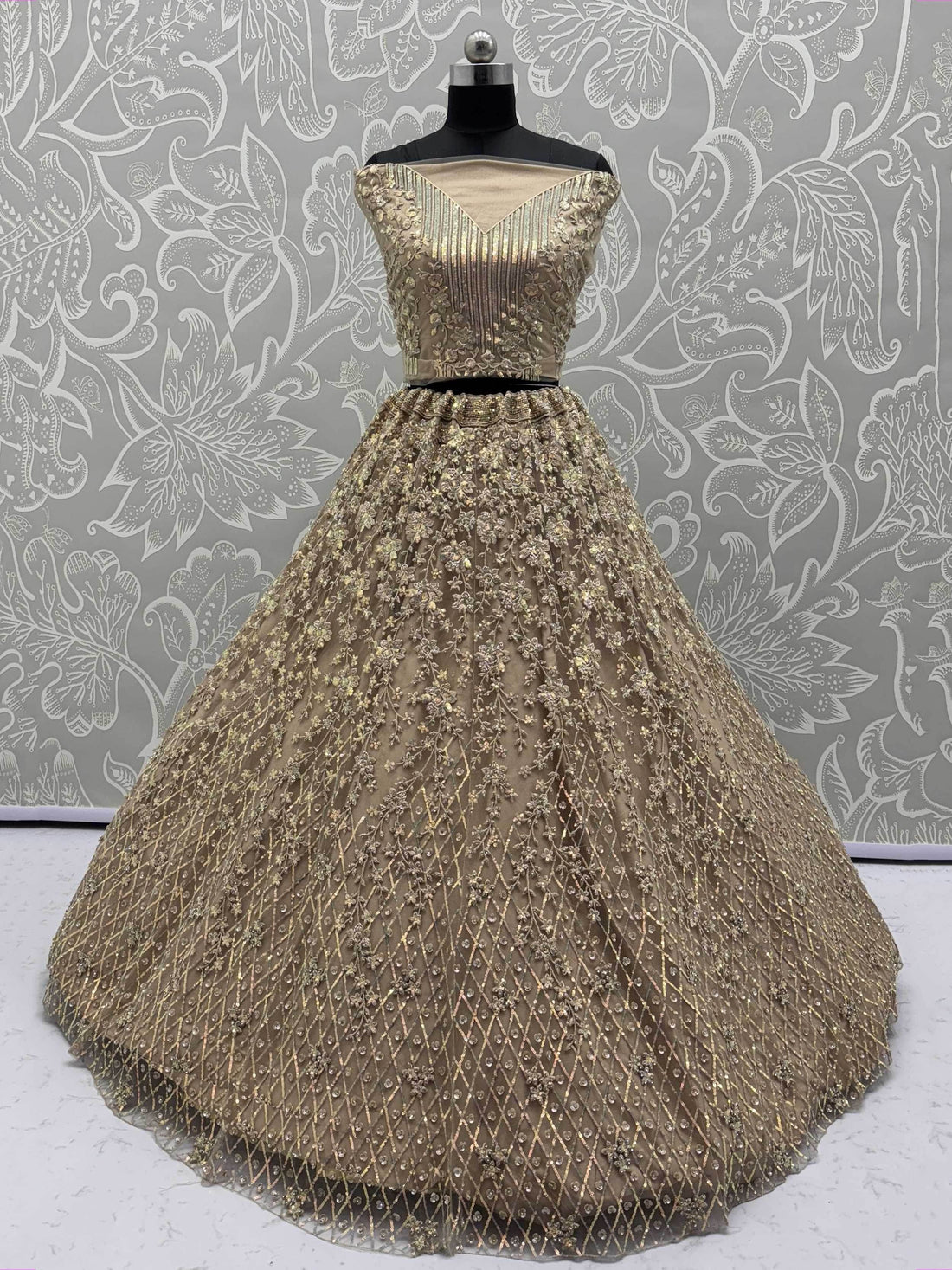 Stellar Beige Sequins Embroidered Net Lehenga Choli With Dupatta