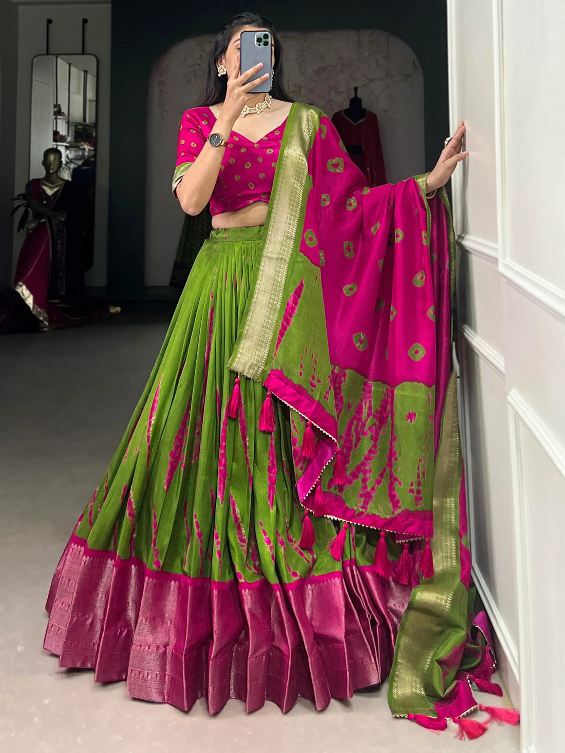 Adorable Green Shibori Printed Silk Lehenga Choli With Dupatta - Zeel Clothing