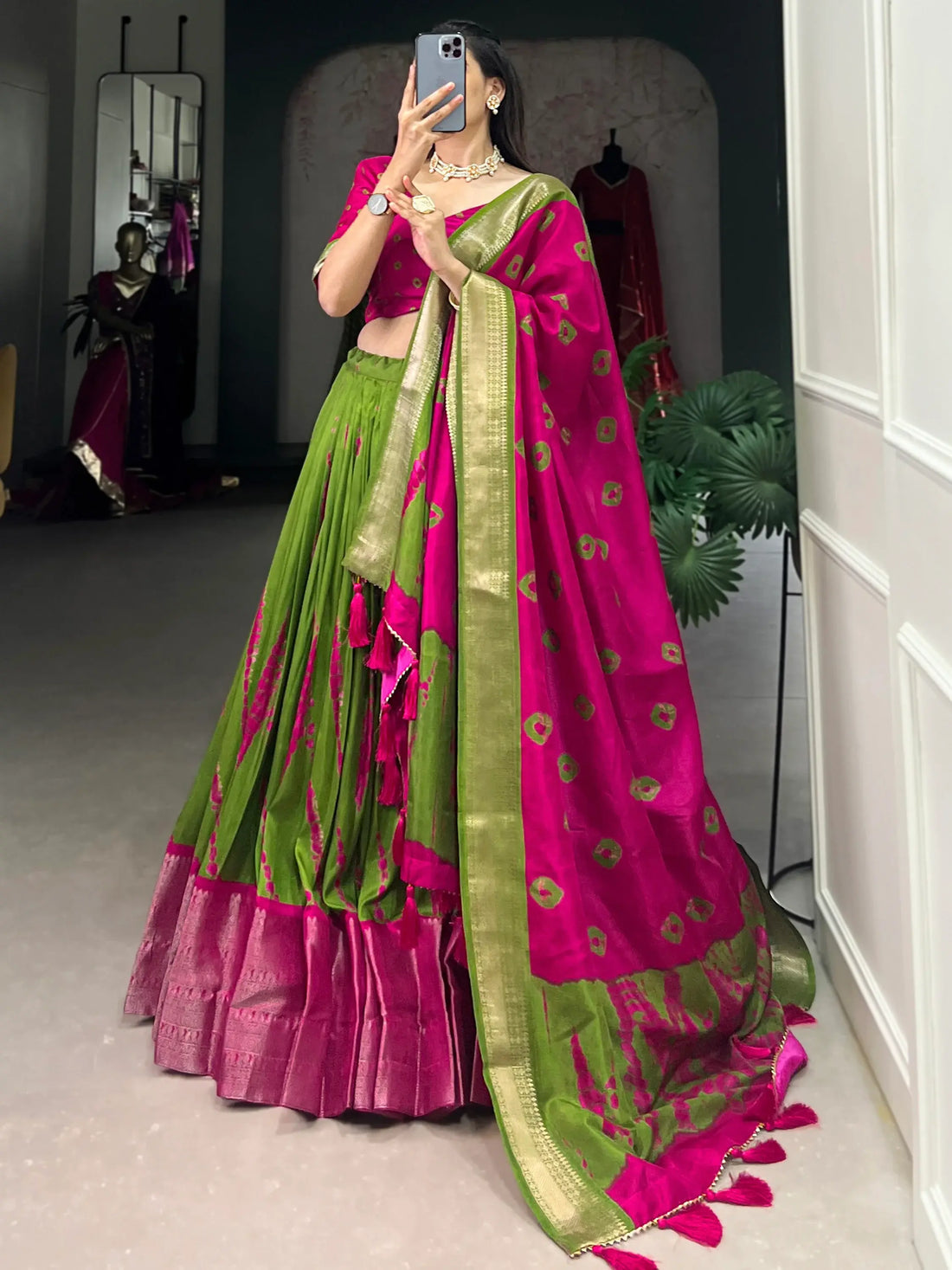 Adorable Green Shibori Printed Silk Lehenga Choli With Dupatta - Zeel Clothing
