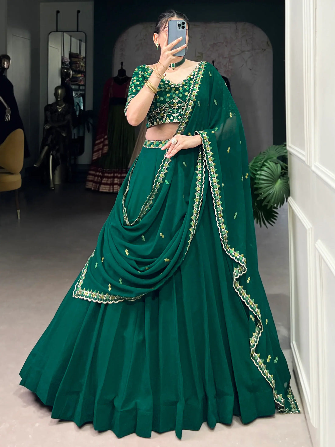 Adorable Green Thread Work Georgette Sangeet Wear Lehenga Choli - Zeel Clothing