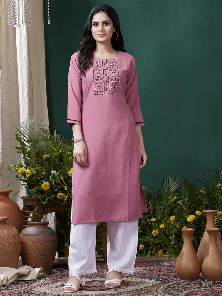 Adorable Mauve Embroidered Cotton Festival Wear Kurti With Pant - Zeel Clothing