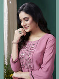 Adorable Mauve Embroidered Cotton Festival Wear Kurti With Pant - Zeel Clothing