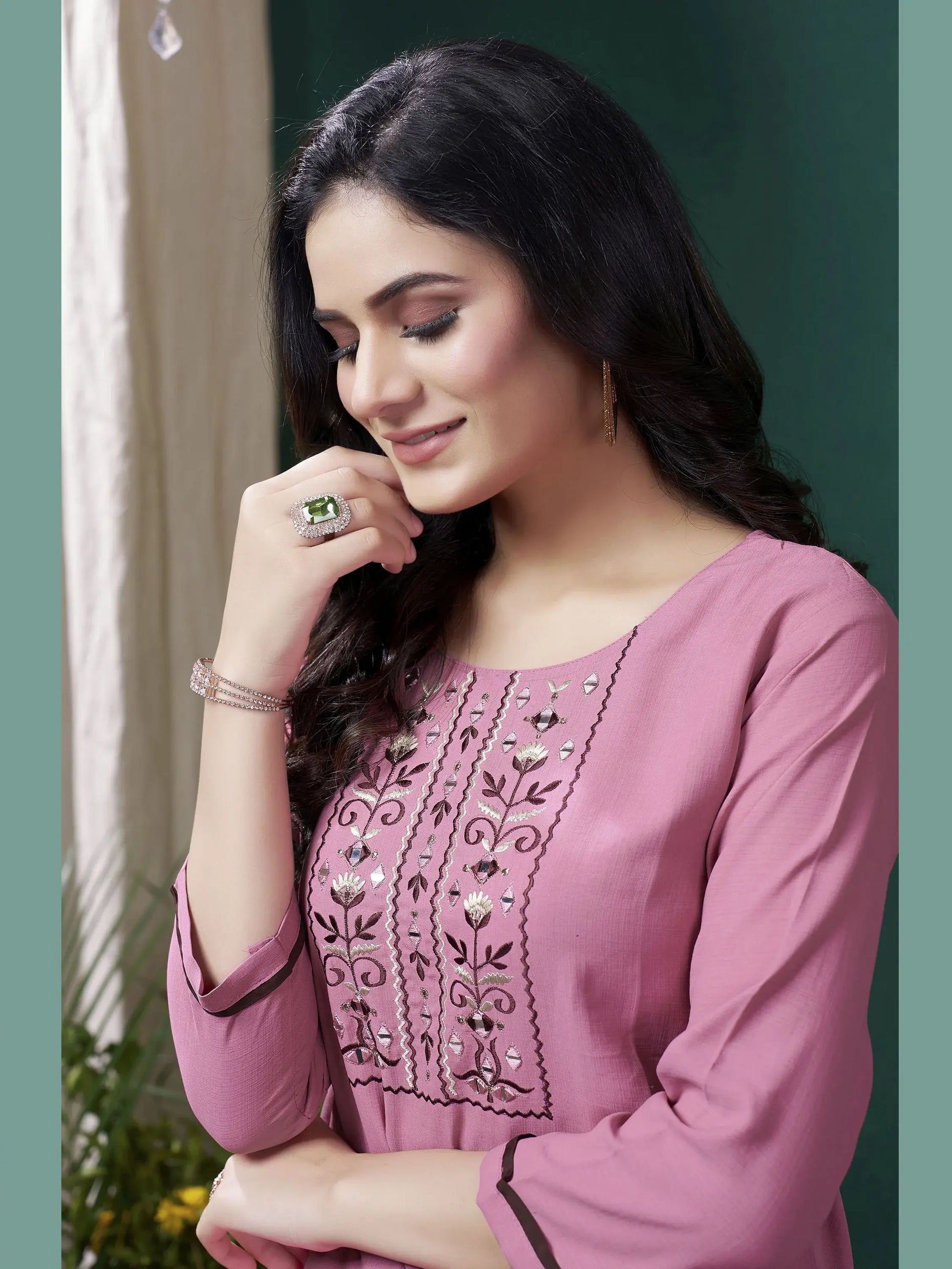 Adorable Mauve Embroidered Cotton Festival Wear Kurti With Pant - Zeel Clothing