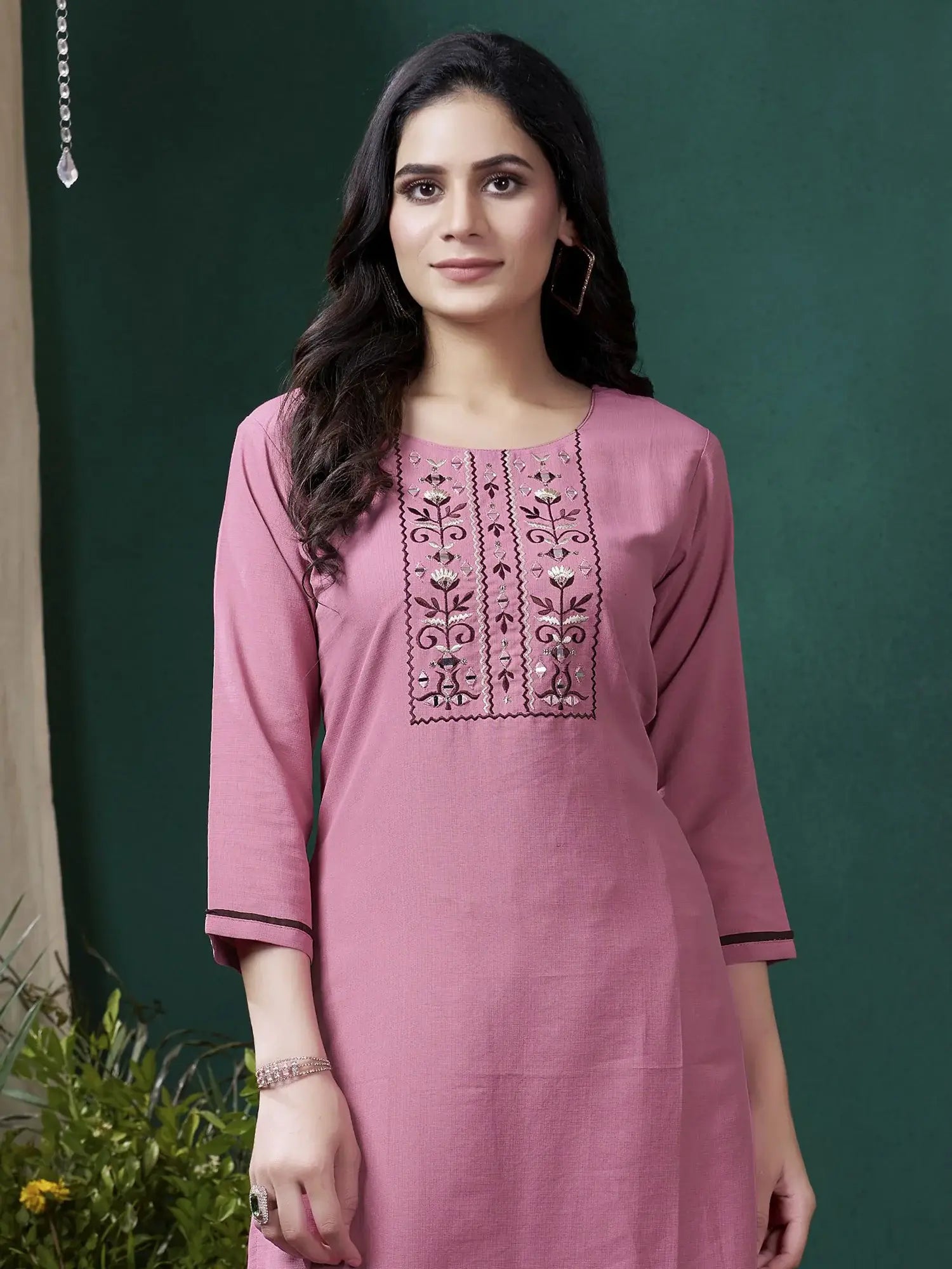 Adorable Mauve Embroidered Cotton Festival Wear Kurti With Pant - Zeel Clothing