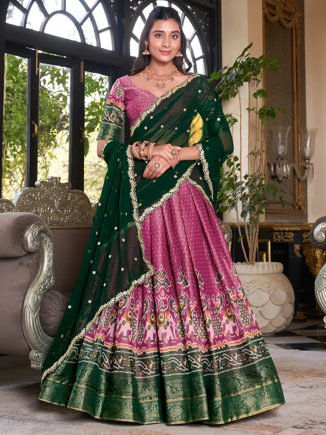Adorable Pink Printed Kanchipuram Festival Wear Lehenga Choli - Zeel Clothing