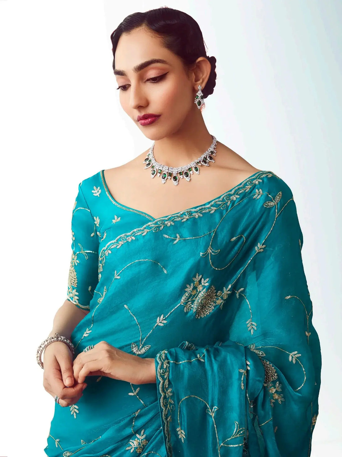 Aesthetic Teal Blue Embroidered Organza Festive Wear Saree With Blouse - Zeel Clothing