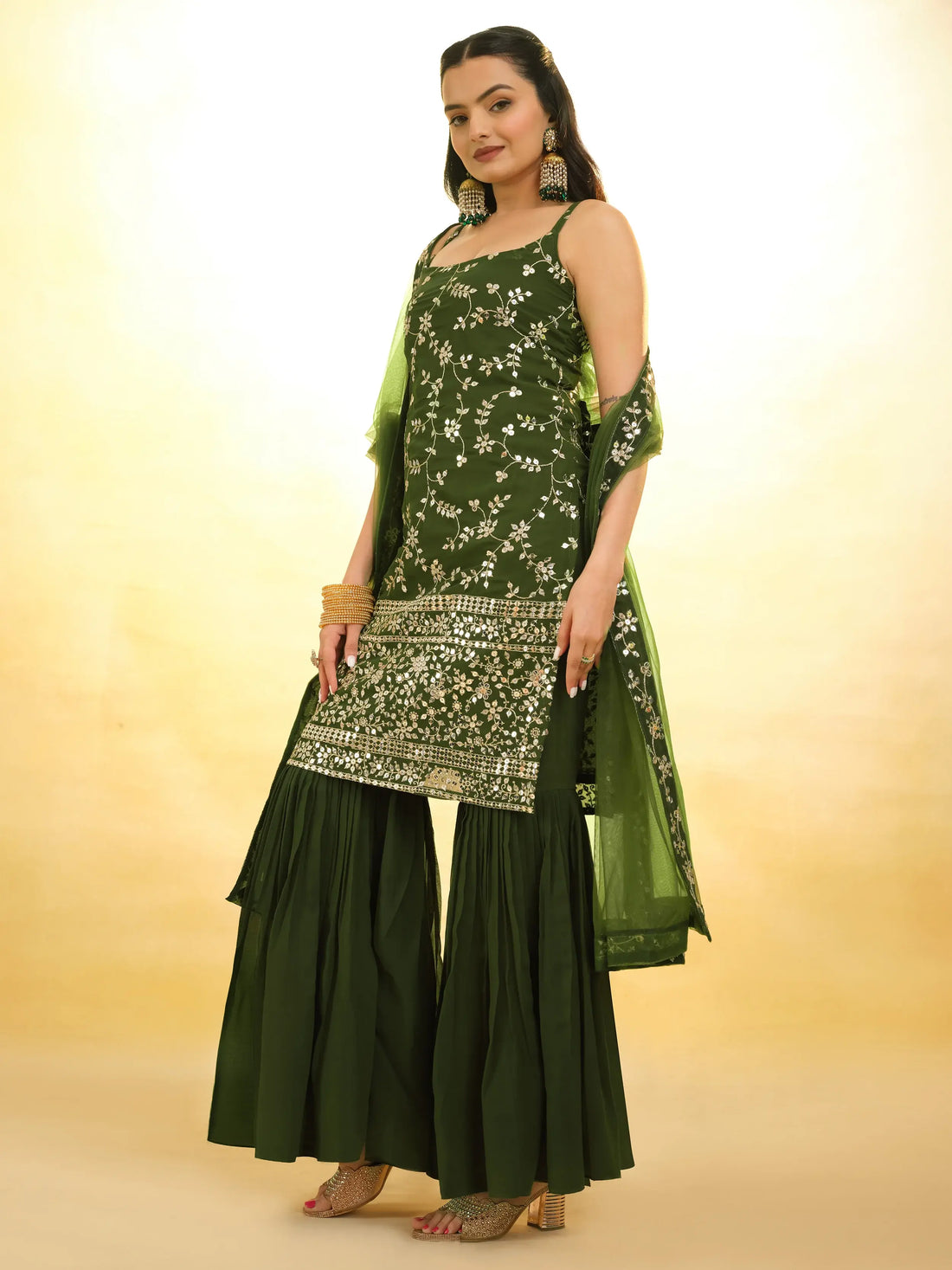 Alluring Green Embroidered Georgette Mehendi Wear Sharara Suit - Zeel Clothing