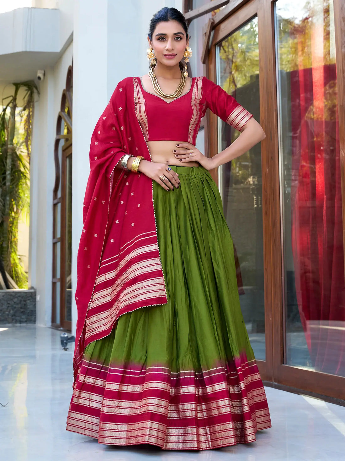 Alluring Green Zari Weaving Chanderi Festival Wear Lehenga Choli - Zeel Clothing