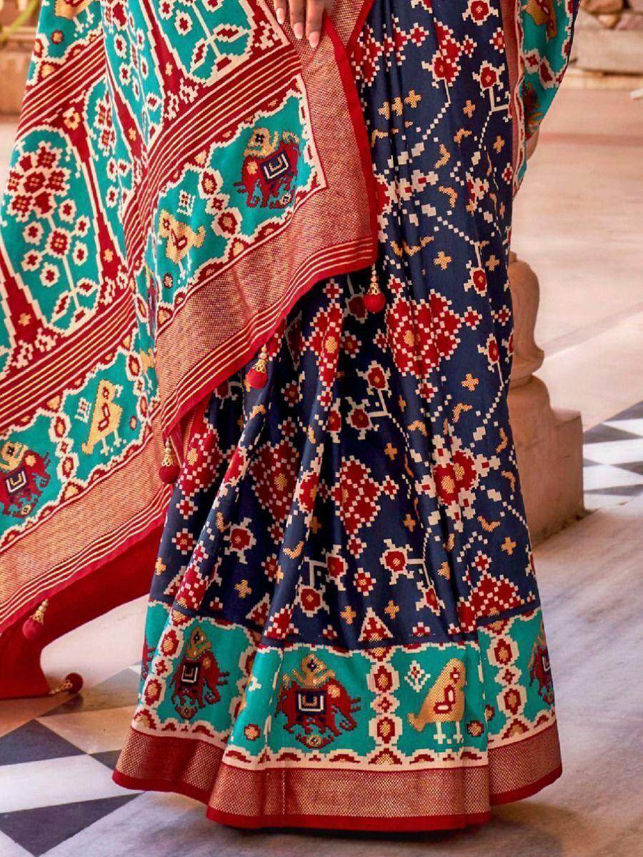 Alluring Navy Blue Patola Printed Silk Festival Wear Saree With Blouse - Zeel Clothing