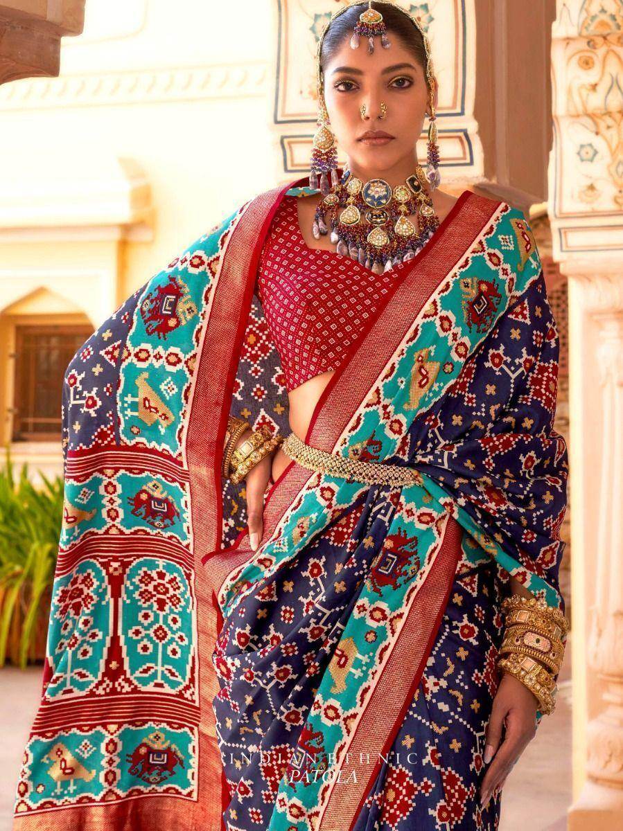 Alluring Navy Blue Patola Printed Silk Festival Wear Saree With Blouse - Zeel Clothing
