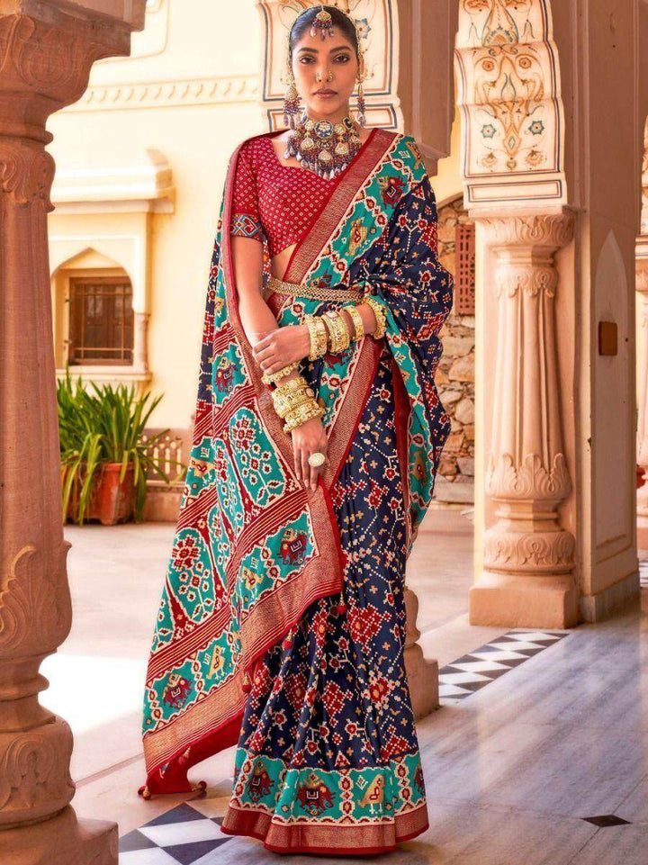 Alluring Navy Blue Patola Printed Silk Festival Wear Saree With Blouse - Zeel Clothing
