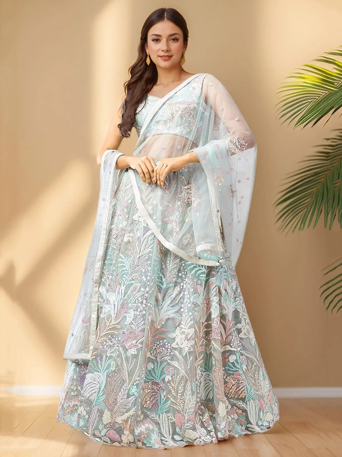 Alluring Pista Green Sequins Net Wedding Wear Lehenga Choli With Dupatta - Zeel Clothing