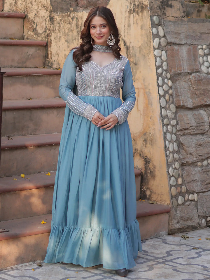 Alluring Sky-Blue Sequins Georgette Party Wear Gown With Dupatta - Zeel Clothing
