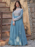 Alluring Sky-Blue Sequins Georgette Party Wear Gown With Dupatta - Zeel Clothing
