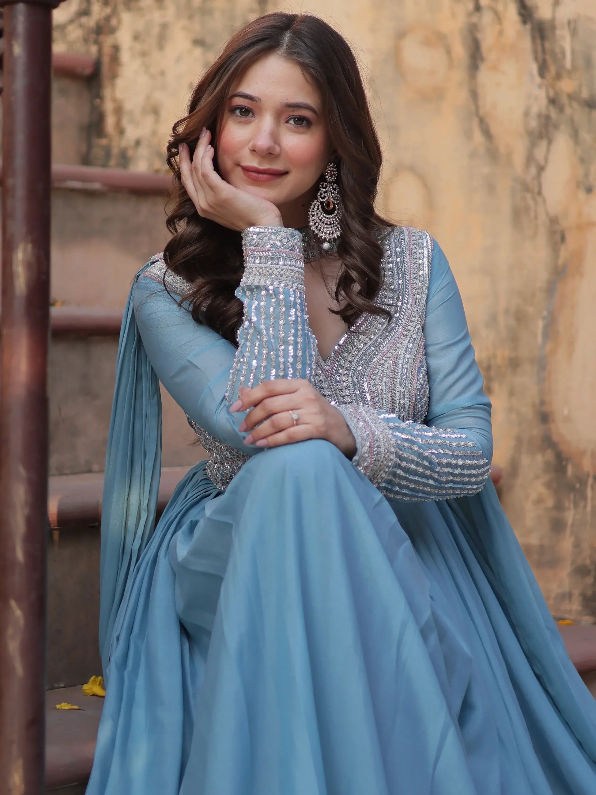 Alluring Sky-Blue Sequins Georgette Party Wear Gown With Dupatta - Zeel Clothing