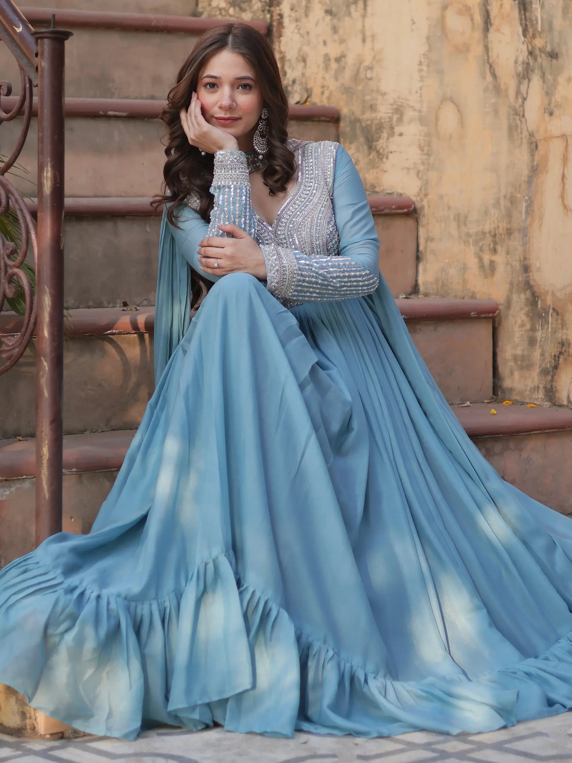 Alluring Sky-Blue Sequins Georgette Party Wear Gown With Dupatta - Zeel Clothing