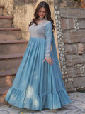 Alluring Sky-Blue Sequins Georgette Party Wear Gown With Dupatta - Zeel Clothing