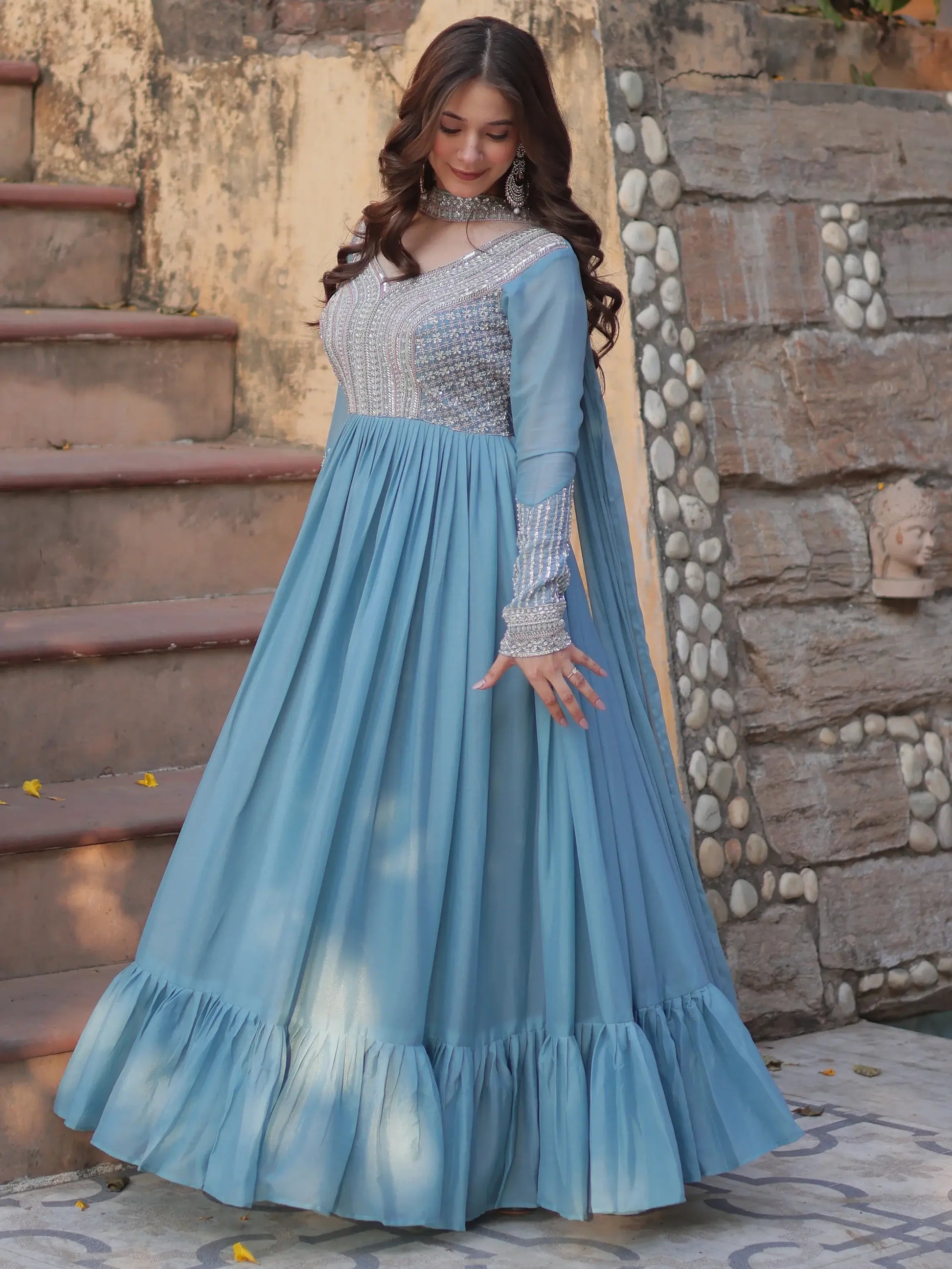 Alluring Sky-Blue Sequins Georgette Party Wear Gown With Dupatta - Zeel Clothing