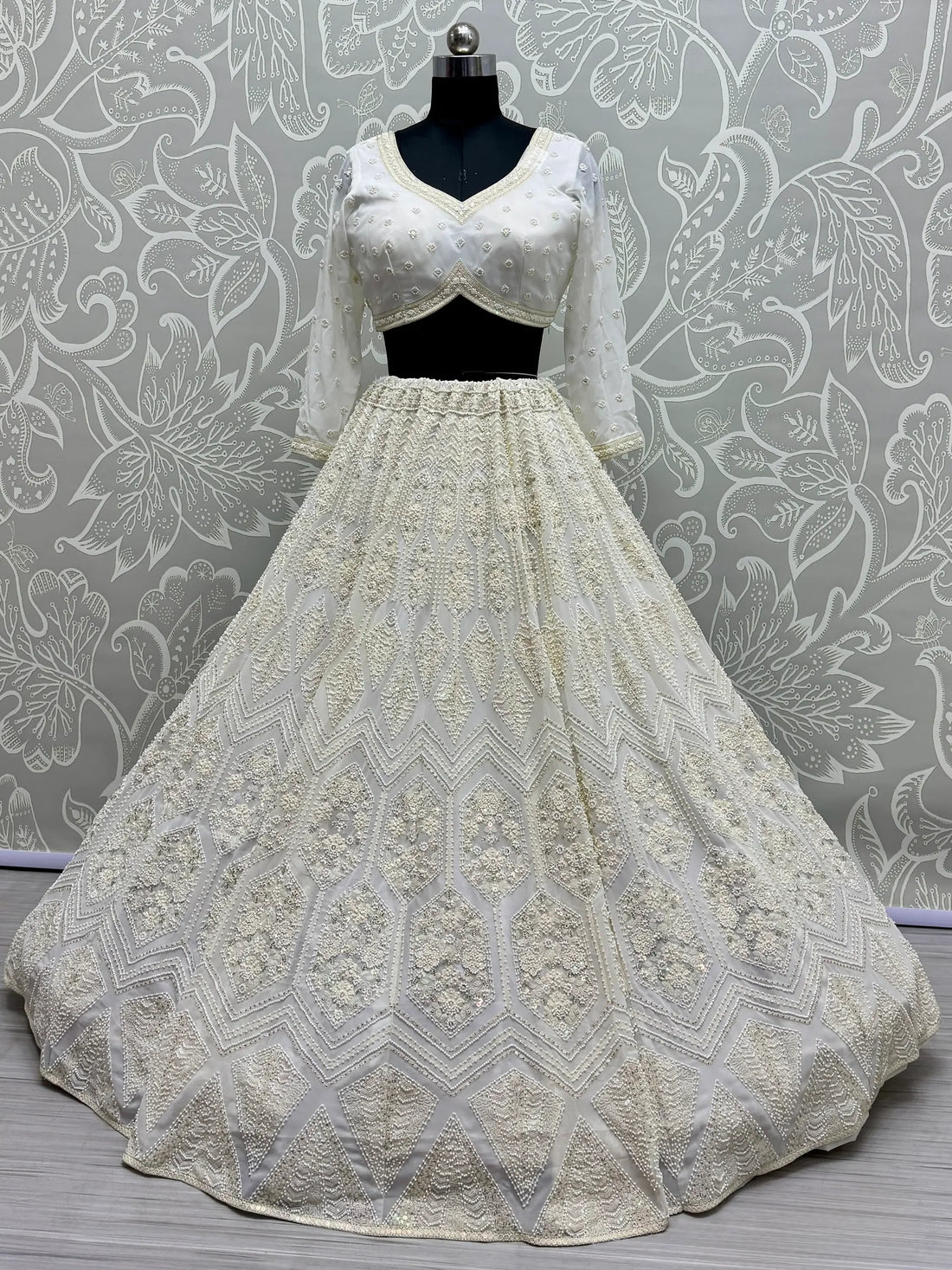 Alluring White Thread Work Georgette Lehenga Choli With Dupatta - Zeel Clothing