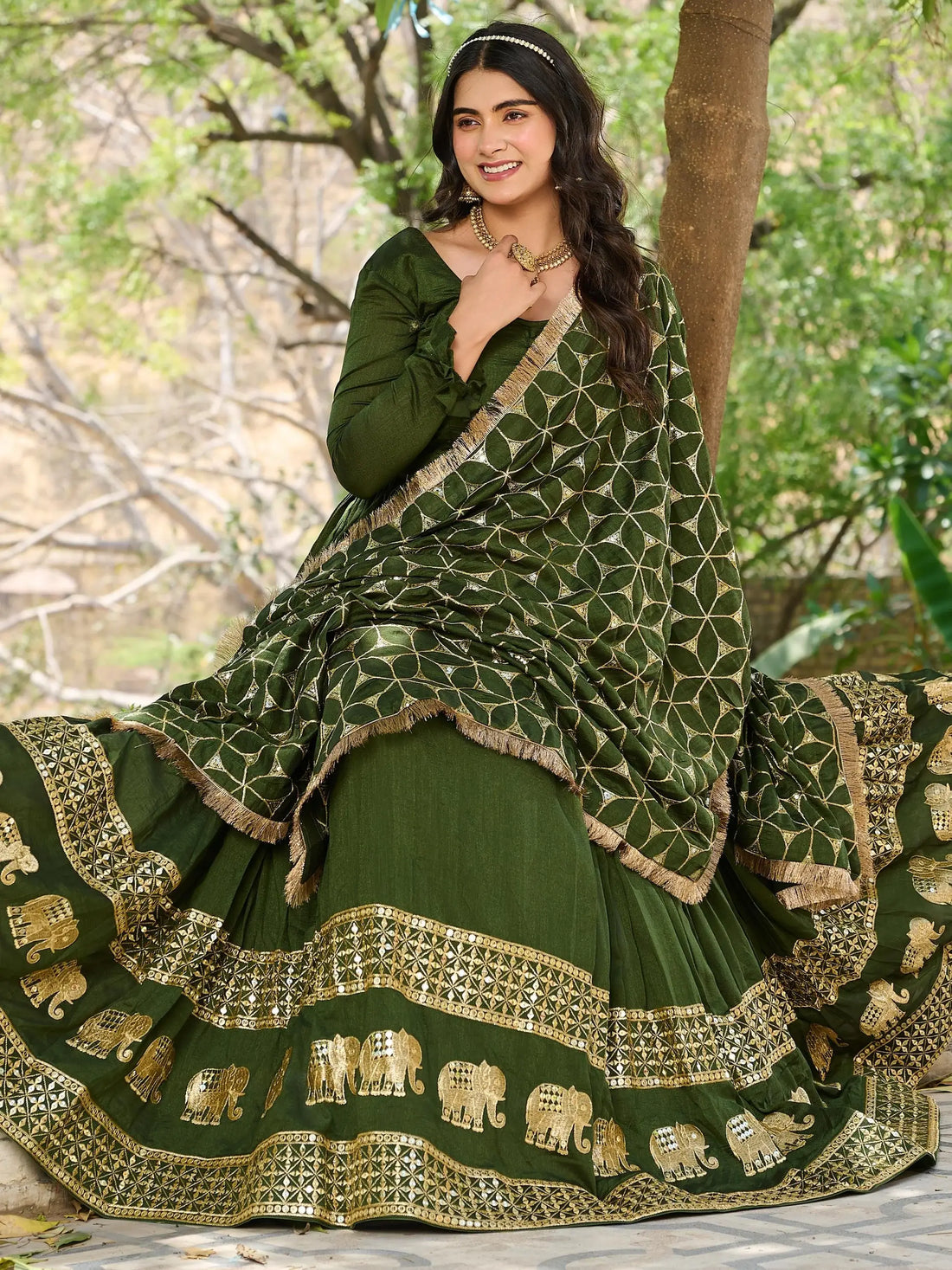 Amazing Green Sequins Embroidery Vichitra Silk Mehendi Wear Gown With Dupatta - Zeel Clothing