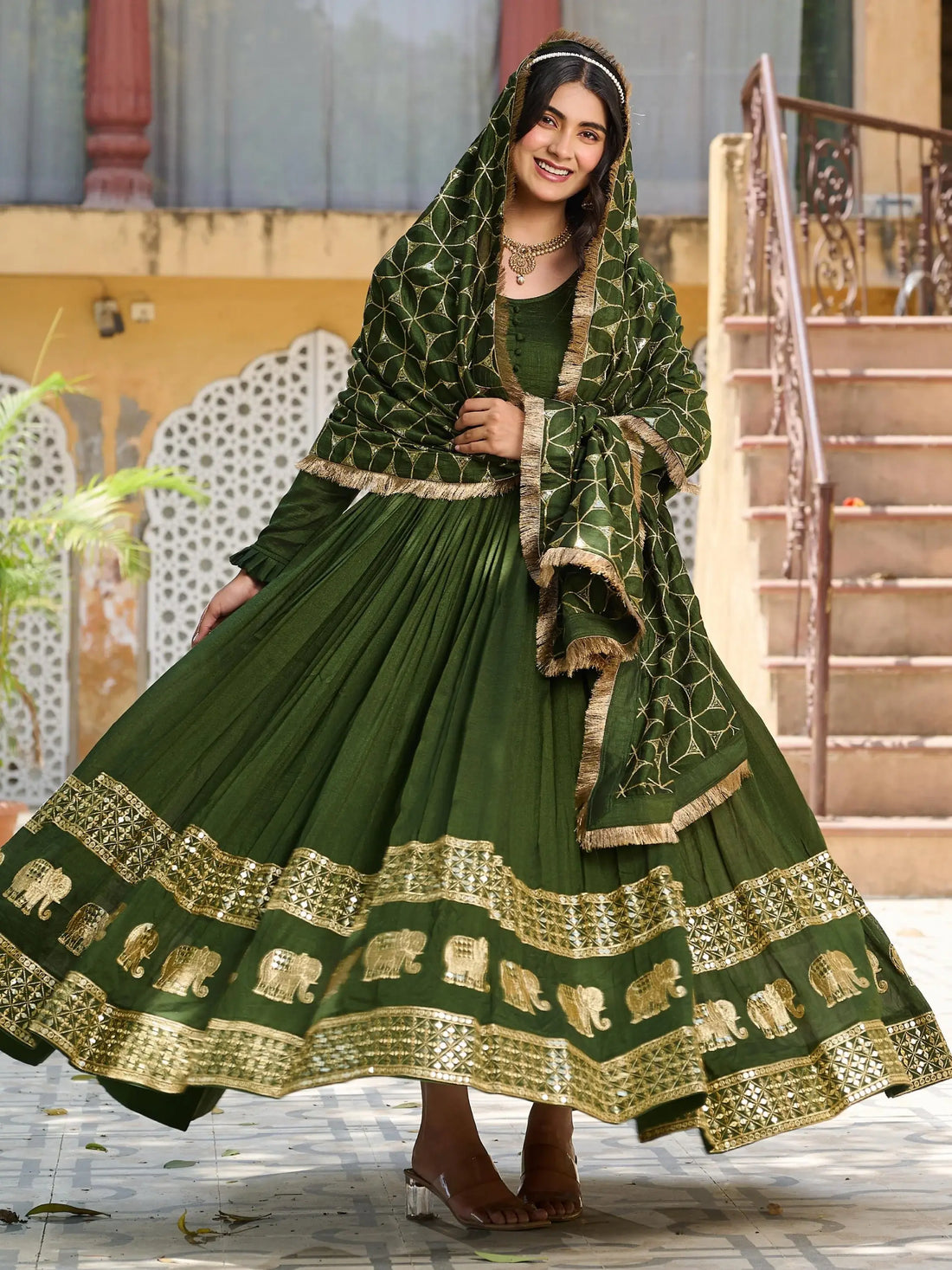 Amazing Green Sequins Embroidery Vichitra Silk Mehendi Wear Gown With Dupatta - Zeel Clothing