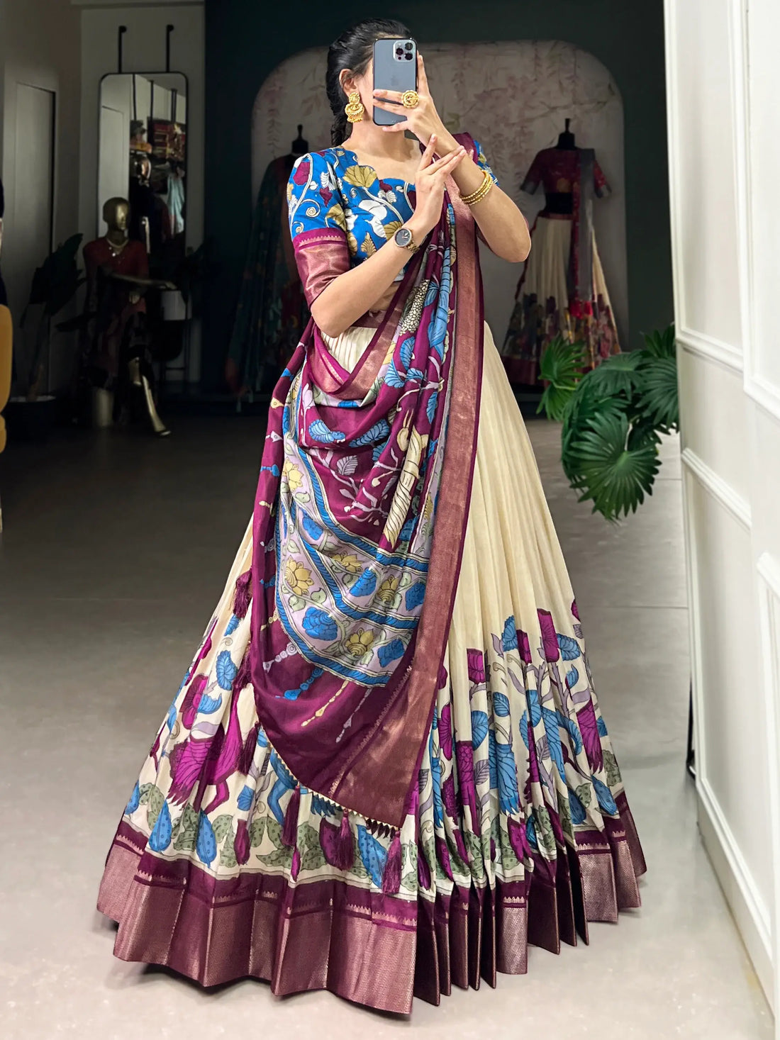 Amazing Off-White Kalamkari Printed Silk Traditional Lehenga Choli - Zeel Clothing