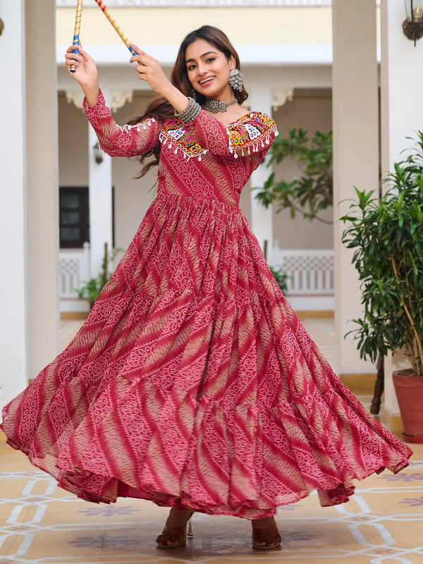 Amazing Red Bandhani Print Georgette Navratri Special Gown - Zeel Clothing