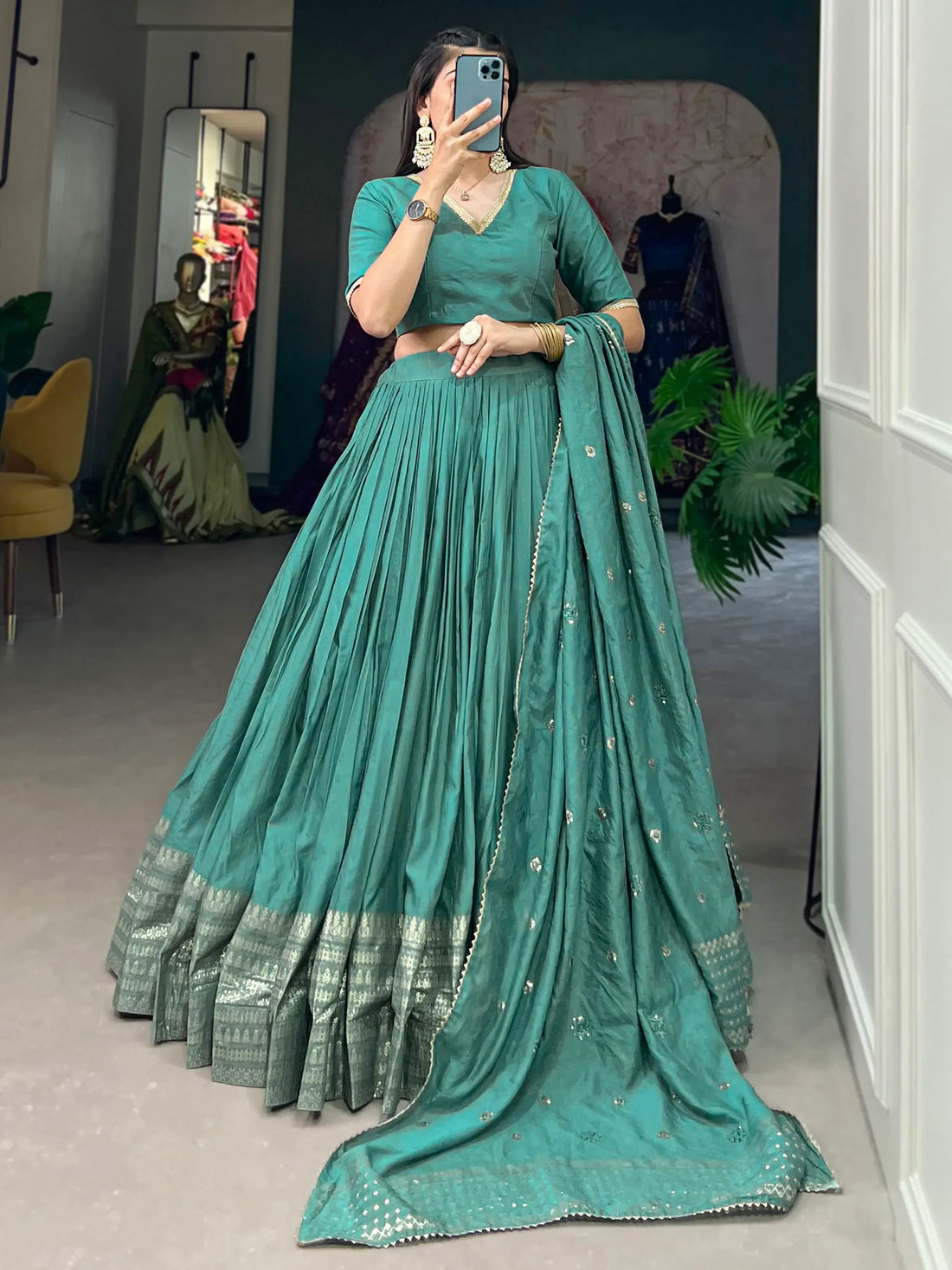 Amazing Sage Green Zari Weaving Chanderi Festival Wear Lehenga Choli - Zeel Clothing