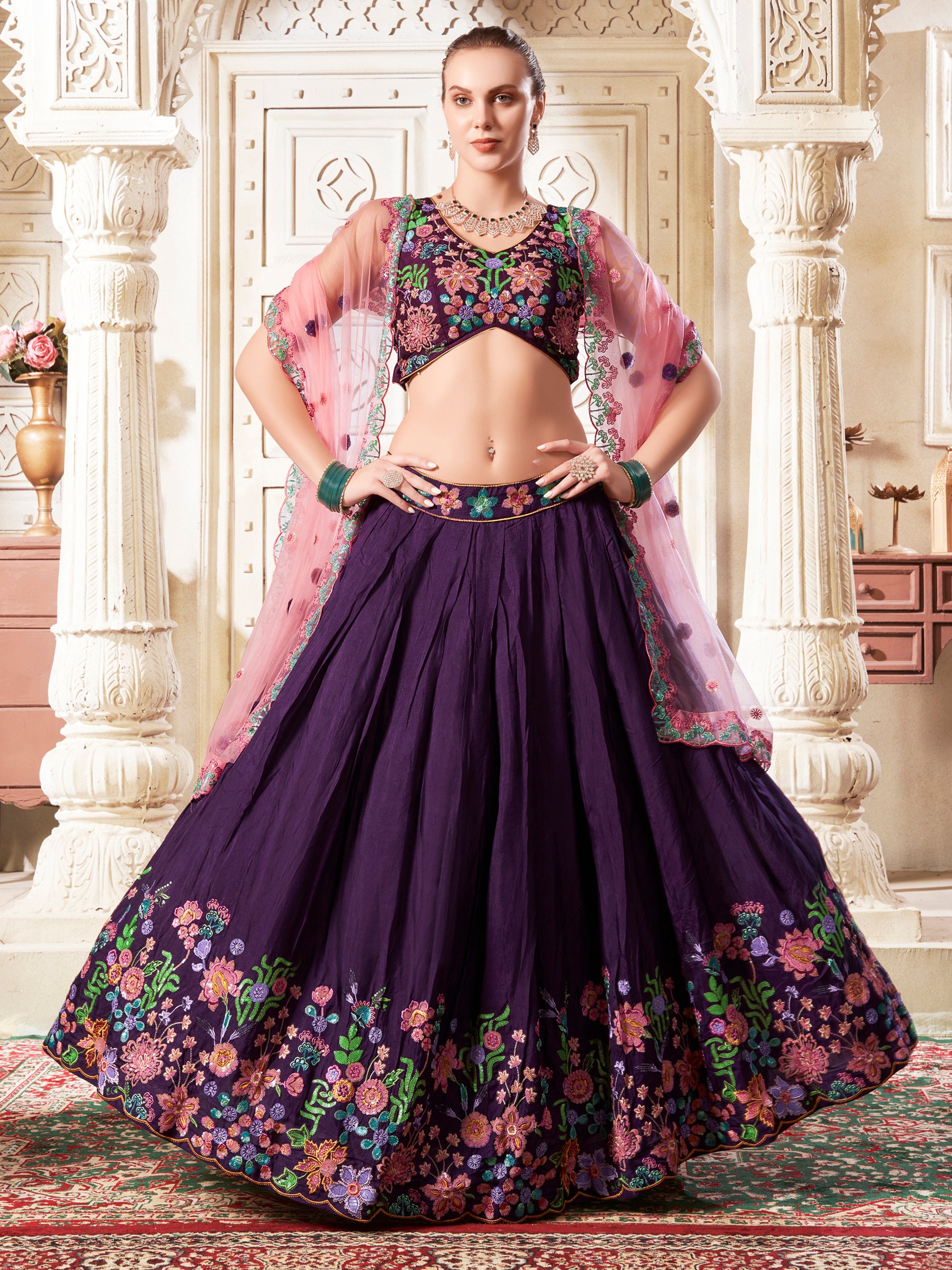 Charming Purple Sequins Silk Sangeet Wear Lehenga Choli