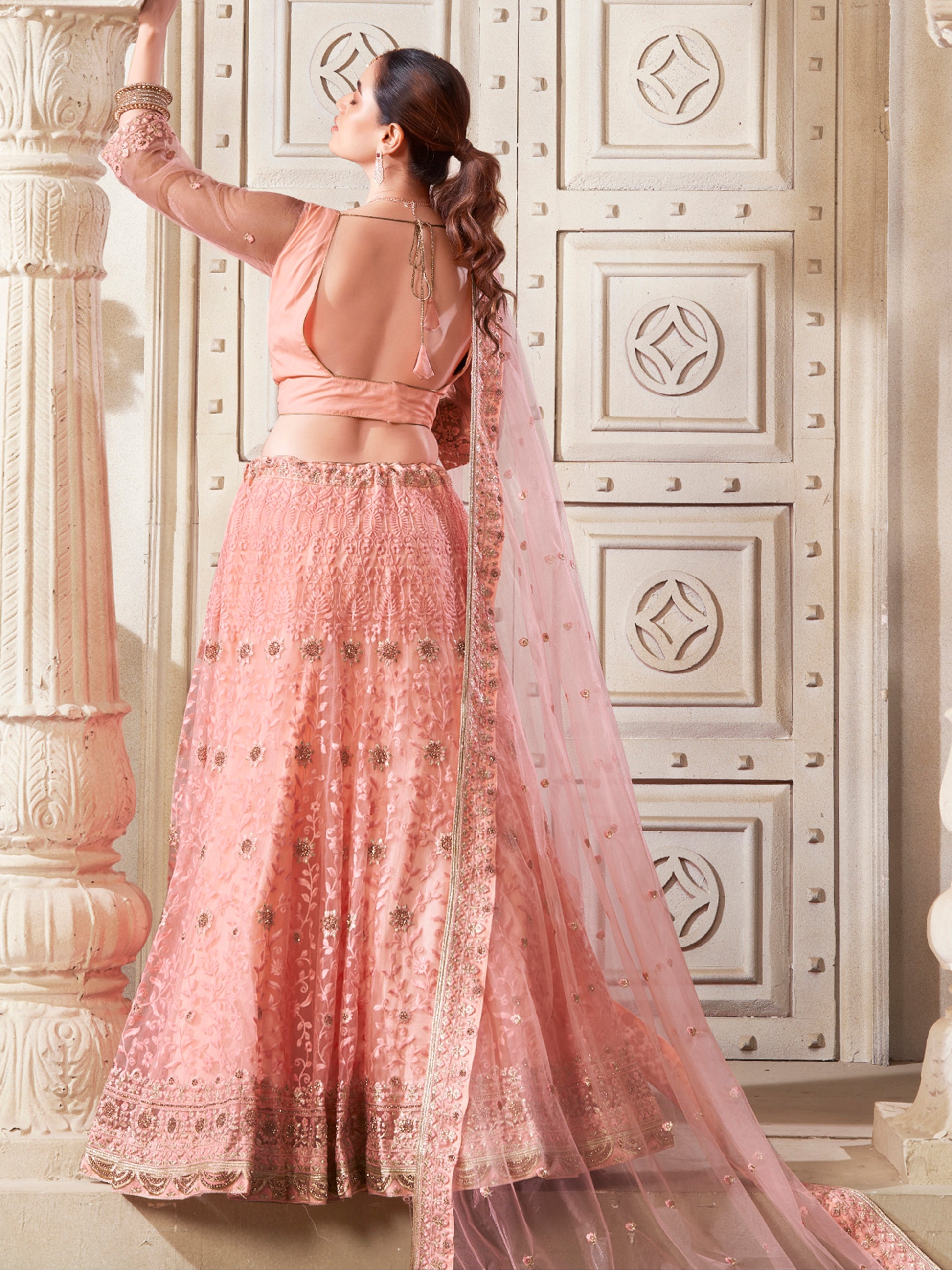 Precious Peach Thread Work Net Bridesmaid Lehenga Choli