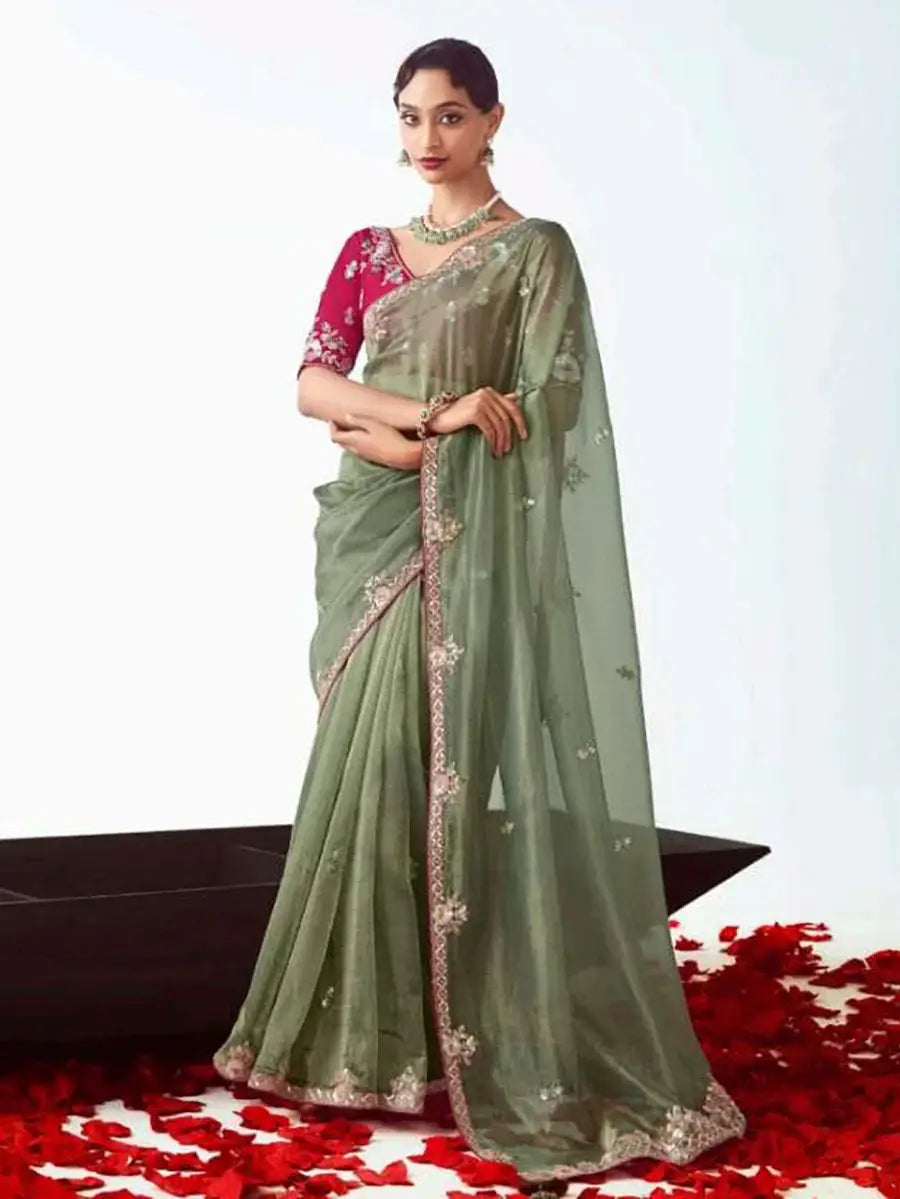 Appealing Olive Green Zari Embroidery Organza Wedding Wear Saree With Blouse - Zeel Clothing