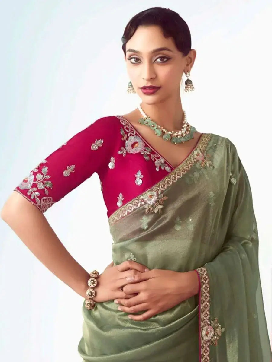 Appealing Olive Green Zari Embroidery Organza Wedding Wear Saree With Blouse - Zeel Clothing