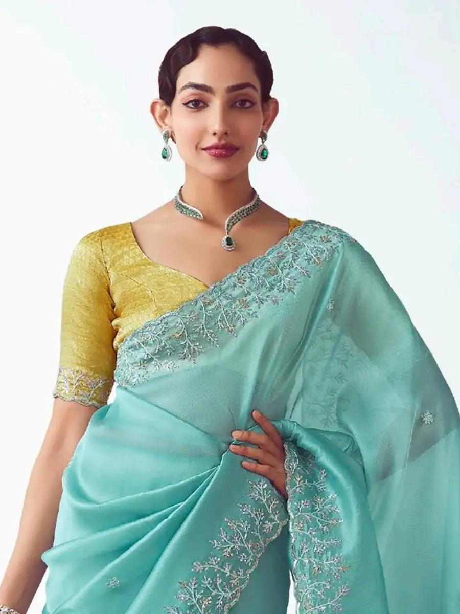 Artistic Sea Green Sequins Embroidered Organza Reception Wear Saree With Blouse - Zeel Clothing