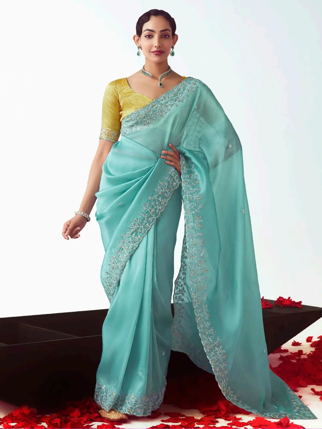 Artistic Sea Green Sequins Embroidered Organza Reception Wear Saree With Blouse - Zeel Clothing