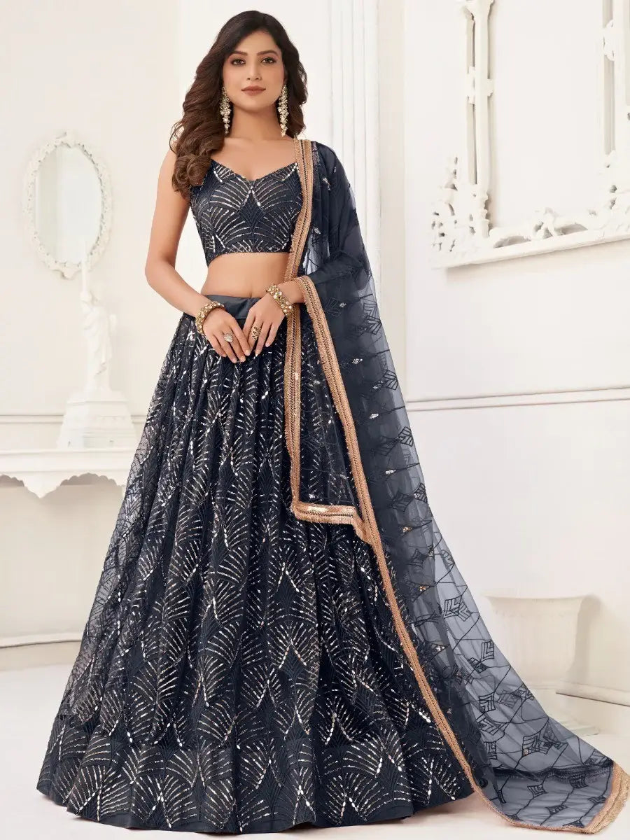 Astonishing Black Sequins Net Party Wear Lehenga Choli With Dupatta - Zeel Clothing