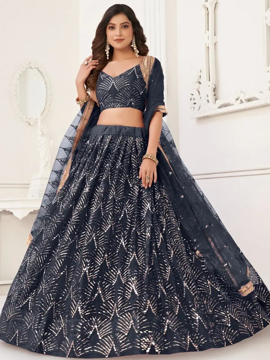 Astonishing Black Sequins Net Party Wear Lehenga Choli With Dupatta - Zeel Clothing
