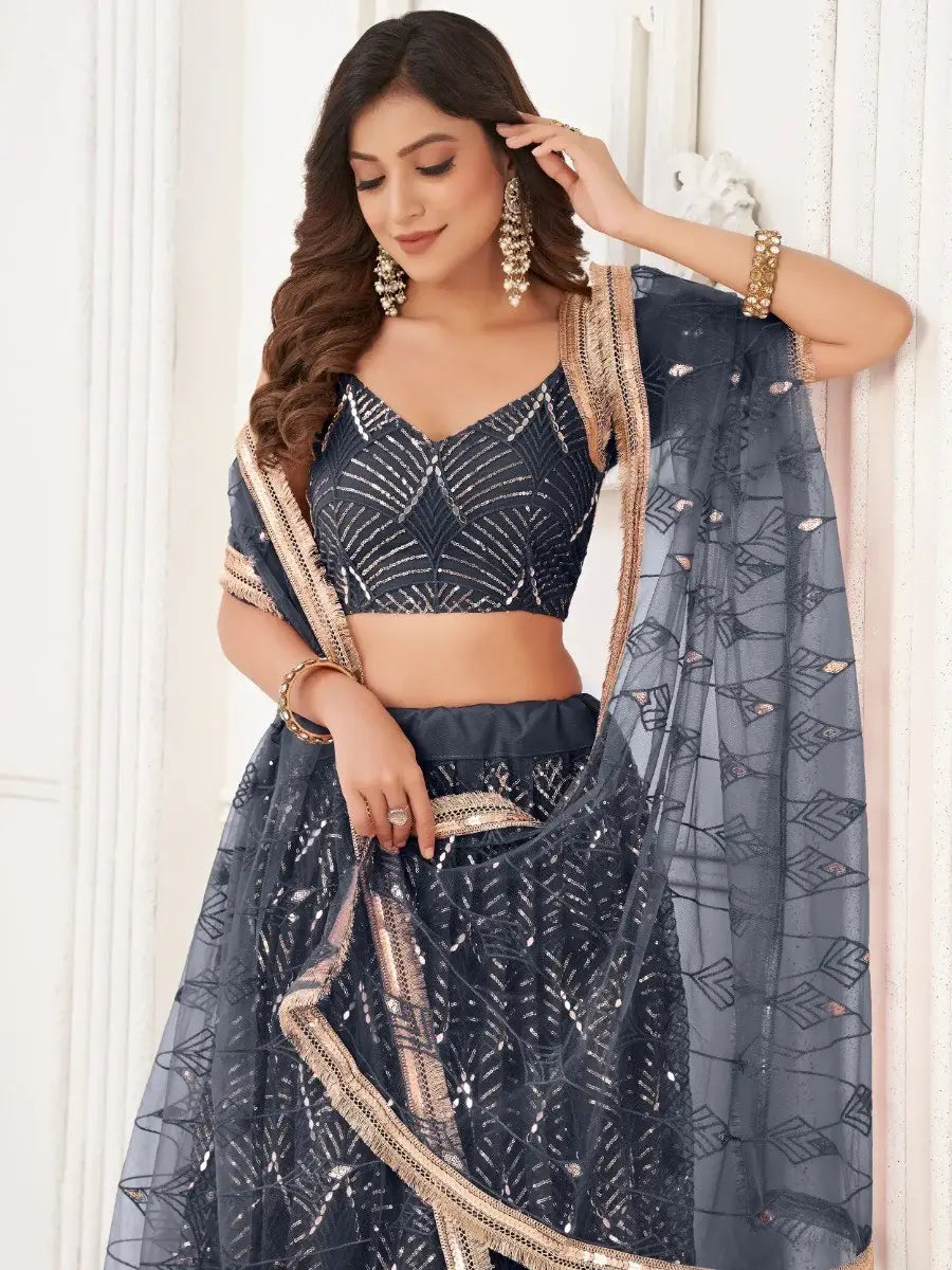 Astonishing Black Sequins Net Party Wear Lehenga Choli With Dupatta - Zeel Clothing
