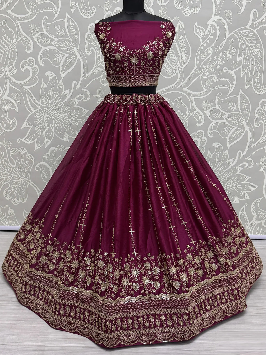 Astonishing Burgundy Thread Work Satin Bridal Lehenga Choli - Zeel Clothing