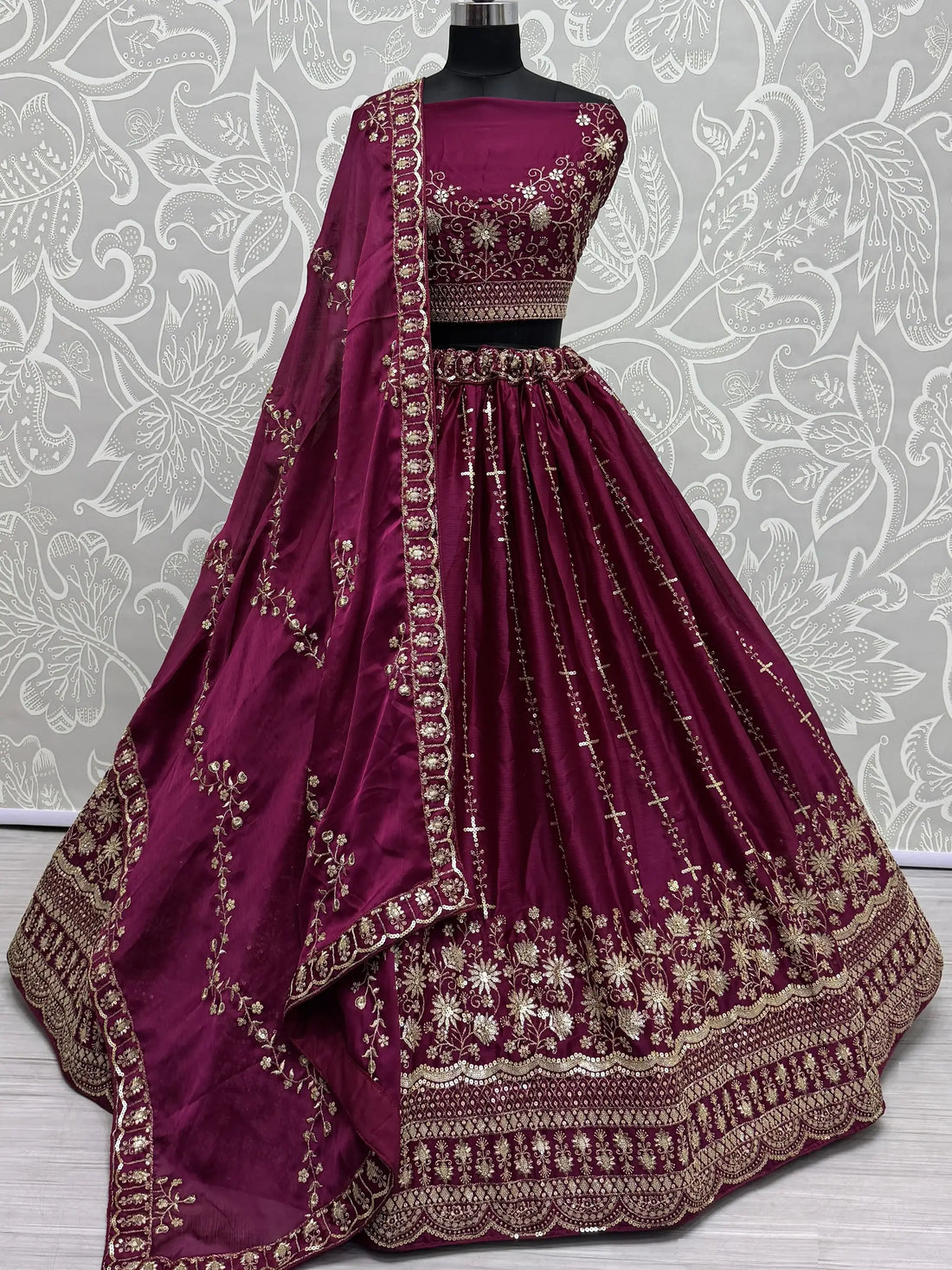 Astonishing Burgundy Thread Work Satin Bridal Lehenga Choli - Zeel Clothing